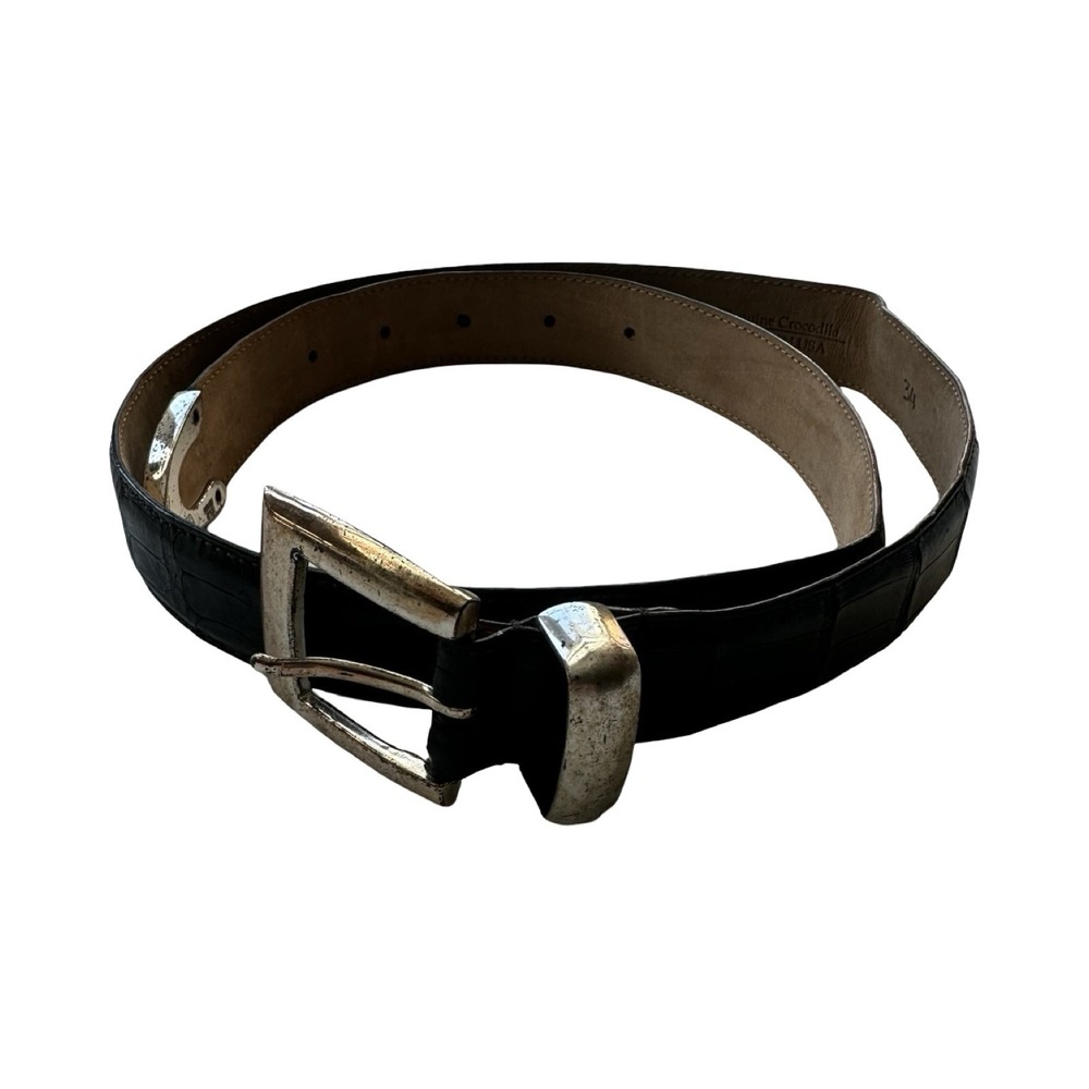 Bespoke Black Genuine Crocodile Leather Silver Buckle Mens Belt Size 34 USA
